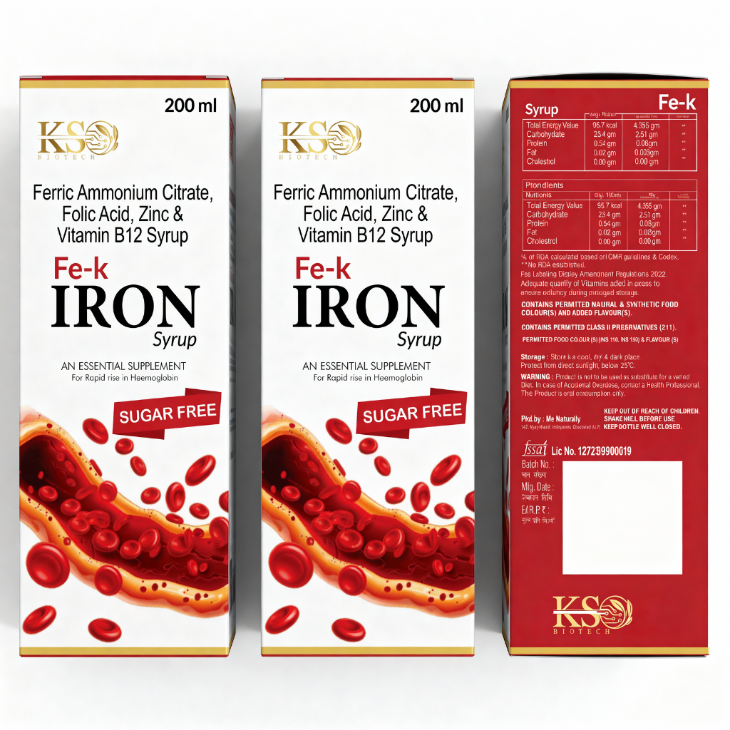 KS Biotech - Fe-K Iron Syrup - Composition: Ferric Ammonium Citrate, Folic Acid, Zinc & Vitamin B12 Syrup