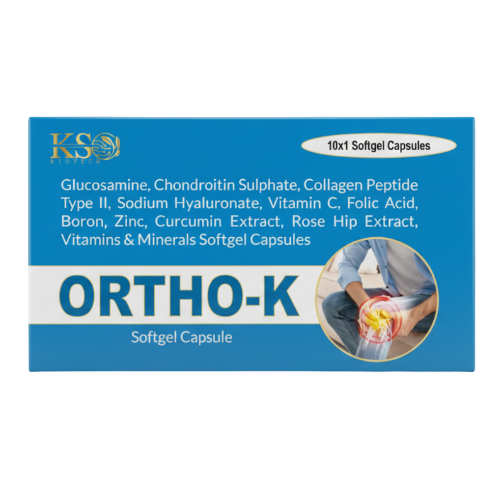 KS Biotech - Ortho K - Composition: Glucosamine, Chondroitin Sulphate, Collagen Peptide Type II, Sodium Hyaluronate, Vitamin C, Folic Acid, Boron, Zinc, Curcumin Extract, Rose Hip Extract, Vitamins & Minerals Softgel Capsules